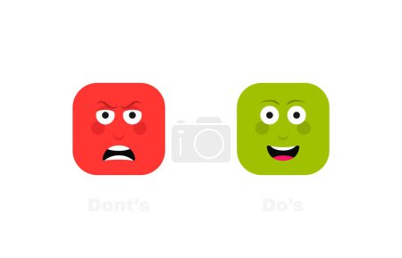Illustration for Dos and donts button label with face emotion. Angry and happy emoticon. Feedback scale. Vector illustration. - Royalty Free Image