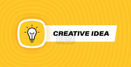 Téléchargez les illustrations : Design d'étiquettes Creative Idea avec ampoule et rayons isolés sur fond géométrique en couleurs jaunes. Illustration vectorielle. - en licence libre de droit