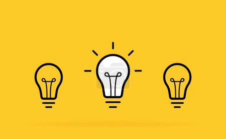 Creative idea. Set of standing light bulbs. Light with rays isolated on yellow background. Vector illustration.