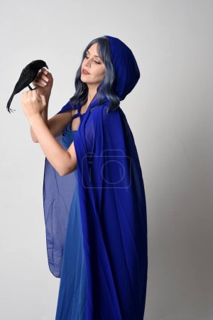 Close up portrait of beautiful female model wearing elegant fantasy blue ball gown, flowing cape with hooded cloak. Holding a fake black bird. Isolated on white studio 