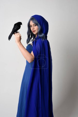 Primer plano retrato de hermosa modelo femenina con elegante vestido de bola azul fantasía, capa que fluye con capucha capa. Sostiene un pájaro negro falso. Aislado en estudio blanco 