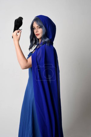 Photo for Close up portrait of beautiful female model wearing elegant fantasy blue ball gown, flowing cape with hooded cloak. Holding a fake black bird. Isolated on white studio - Royalty Free Image