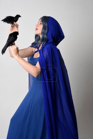 Close up portrait of beautiful female model wearing elegant fantasy blue ball gown, flowing cape with hooded cloak. Holding a fake black bird. Isolated on white studio 