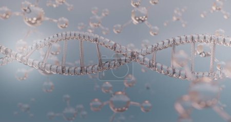 Téléchargez les photos : Concept d'analyse des sciences de l'ADN et de la biotechnologie, structure transparente de l'eau des atomes et des molécules, fond bleu, à partir du microscope en laboratoire, chimie, recherche et développement médicaux, rendu 3D - en image libre de droit