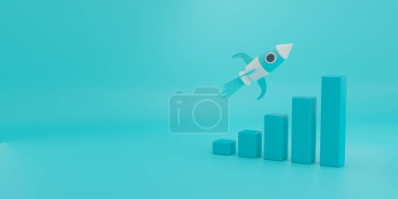 Photo for Panoramic header banner background,3D rendering rocket or spaceship flying to business success,concept marketing and growth of economic,stock chart financial data,business investment,startup business - Royalty Free Image