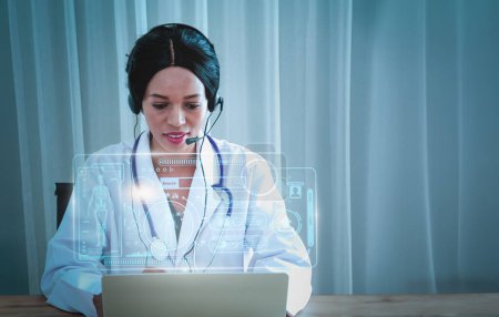 Photo for Black female doctor,specialist sitting desk and headset, consulting health care and disease counseling to patients and public, service telemedicine online,online communication from hospital to home. - Royalty Free Image