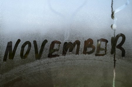 November inscription on the texture with condensation on the glass, reaction to a sudden change in temperature on the glass, natural texture with condensation.