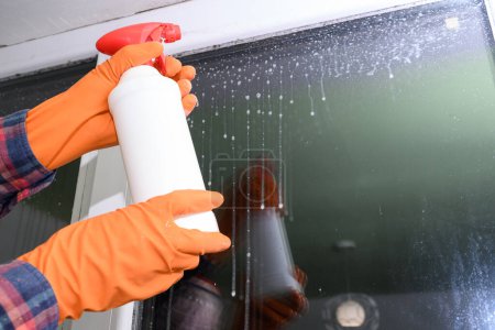 Spraying the drug against harmful mold on the window, chemicals run down the window glass.