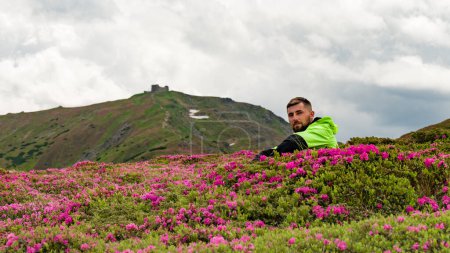 Ein Mann sitzt zwischen blühenden Rhododendronbüschen vor dem Hintergrund des Pip Ivan Chornohirskyi, der Jahreszeit der Rhododendron in den Bergen.