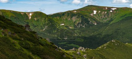 Mountain landscape, panoramic view of Mount Menchul in the Ukrainian Carpathians, summer in the Carpathian Mountains.