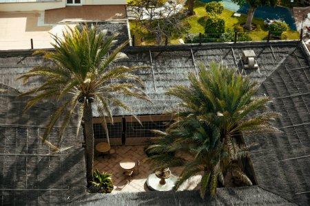 Foto de Playa de las Amricas, Tenerife España. 12.16.2022 Vista desde la montaña sobre la valla de la terraza con palmeras, el diseño del patio - Imagen libre de derechos