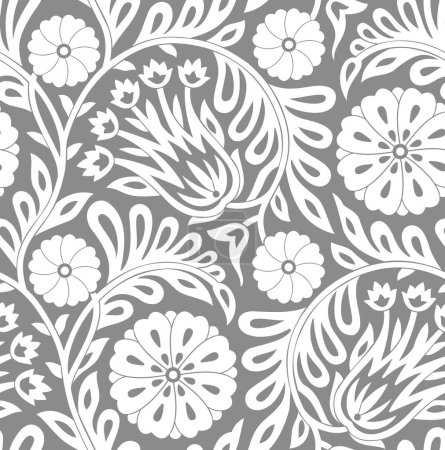 Téléchargez les illustrations : Motif floral vectoriel sans couture sur fond gris - en licence libre de droit