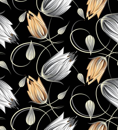 Photo for Seamless tulip flower pattern on black background - Royalty Free Image