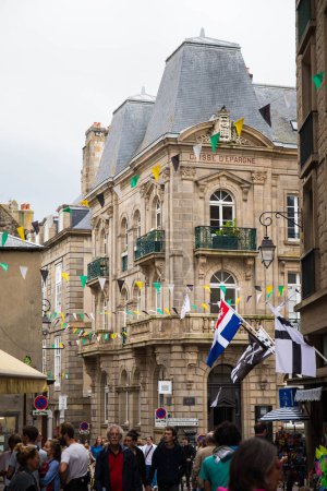 Photo for SAINT MALO, FRANCE - AUGUST 2023 - View of the Caisse d'Epargne building in the picturesque town of Saint Malo, Brittany, France. Vertical shot. - Royalty Free Image