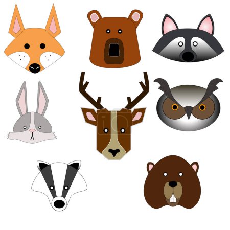 Foto de Conjunto de 8 bosques, animales del bosque iconos. Vector, zorro lindo, mapache, oso, conejo, tejón, búho, ciervo, castor, cabezas. - Imagen libre de derechos