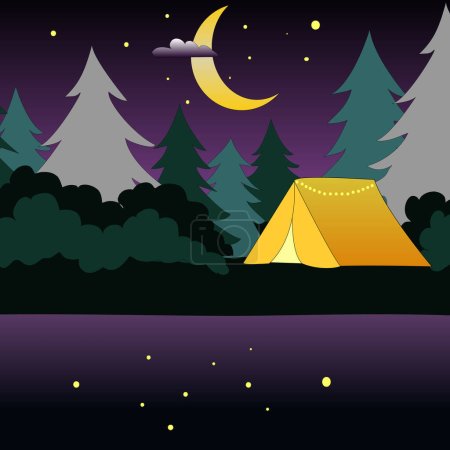 Foto de Acampar por la noche en tienda amarilla con lago y barco, árboles y cielo estrellado púrpura. - Imagen libre de derechos