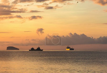 Cargo ships laid up in the ocean at sunset