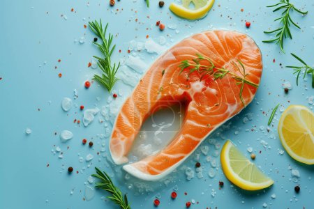 Photo for Raw fish salmon steak with lemon and rosemary on blue background. . High quality photo - Royalty Free Image