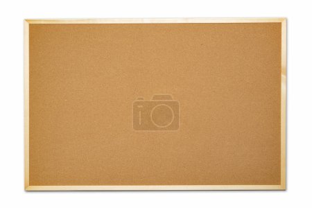 Empty cork board with wooden frame on white background.