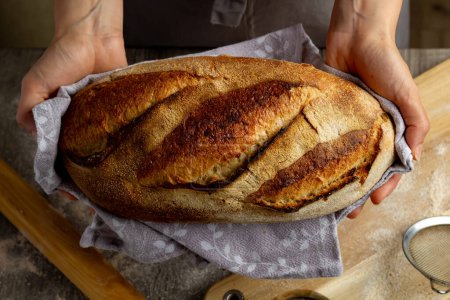 Téléchargez les photos : Gros plan de pain fraîchement cuit dans les mains sur un fond de planche en bois. - en image libre de droit