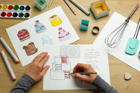 Téléchargez les photos : Le pâtissier développe un design de gâteau en dessinant sur papier. Création de produits de confiserie. - en image libre de droit