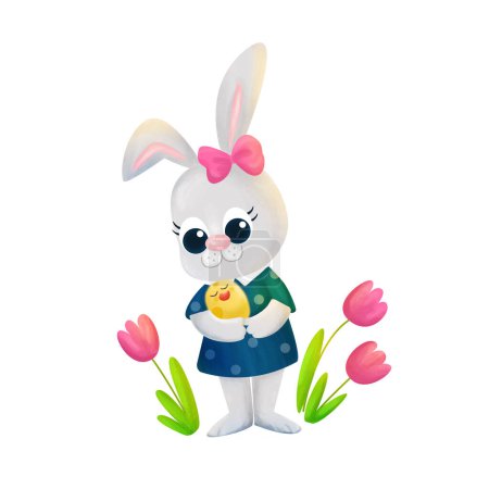 Photo for A very cute girl rabbit stands near flowers and holds a chick in her hands. Cartoon style characters isolated on white background for Happy Easter greeting cards. The Easter Bunny is very happy. - Royalty Free Image