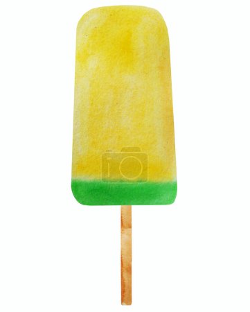 Téléchargez les photos : Glace jaune-vert sur un bâton. Dessert d'été doux et fruité. L'illustration est dessinée à la main à l'aquarelle et isolée sur un fond blanc. - en image libre de droit