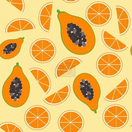 Téléchargez les photos : Motif sans couture fruits mangue et oranges dans le style de dessin animé. Modèle pour textiles, papier d'emballage. - en image libre de droit
