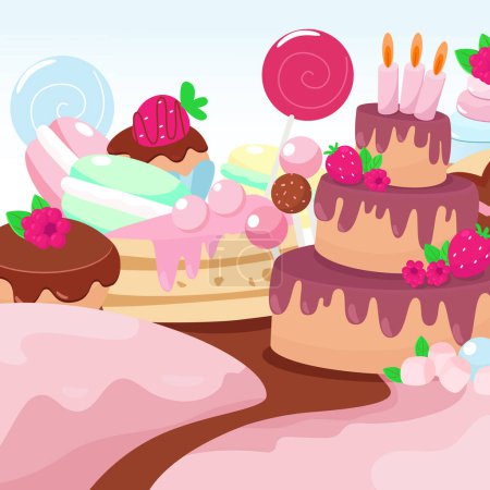 Téléchargez les photos : Gâteau aux bougies, macarons, beignets, sucettes, muffins en style dessin animé. Contexte de la conception. - en image libre de droit