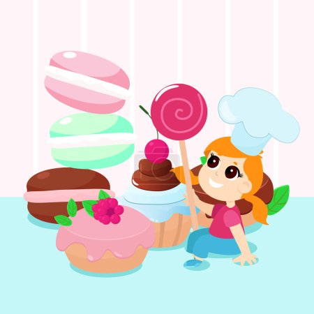 Illustration for Girl with a huge lollipop near macaroons, cakes and muffins in cartoon style. Illustration of children's love for sweets. - Royalty Free Image