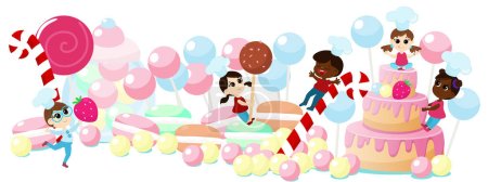 Illustration for Big set of sweets and children on a white background. Huge cake, lollipop, macaron, candy pop and cheerful happy group of international boys and girls in cartoon style. - Royalty Free Image