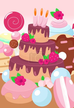 Illustration for Set of sweets huge cake, macarons, lollipops, cake and marshmallows in cartoon style isolated on white background. - Royalty Free Image