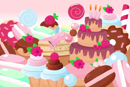 Illustration for Scene set from confectionery cake, donut, muffin, lollipop, macaron. Horizontal banner of sweets in cartoon style. Sweet life symbol. - Royalty Free Image