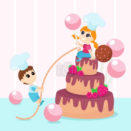 Illustration for A happy cute girl holds a huge candy pop on a stick in her hands and sits on top of a huge cake. The boy comes up to her. The children are wearing chef's hats. Vector cartoon illustration. - Royalty Free Image