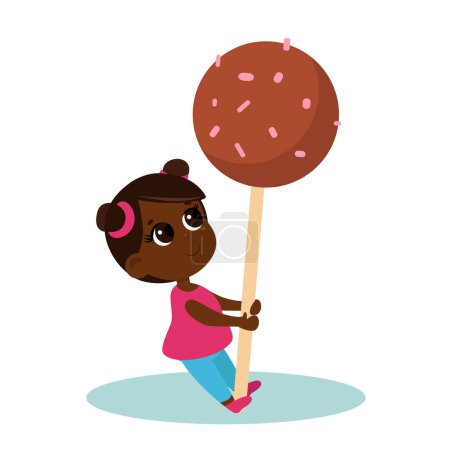 Illustration for Charming cute girl holding a huge candy pop on a stick in her hands. The child is happy. Vector cartoon illustration isolated on white background. - Royalty Free Image