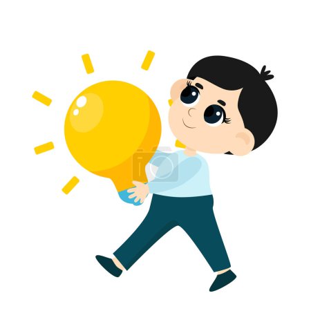 Illustration for Kid Inventors Day.A cute boy carries a huge yellow light bulb as a symbol of invention and research, inventing something new. Cartoon character isolated on white background. - Royalty Free Image