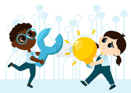 Illustration for Kid Inventors Day. A boy and a girl carry a huge light bulb and a wrench as a symbol of inventions and research, inventing something new. Cartoon style illustration. - Royalty Free Image