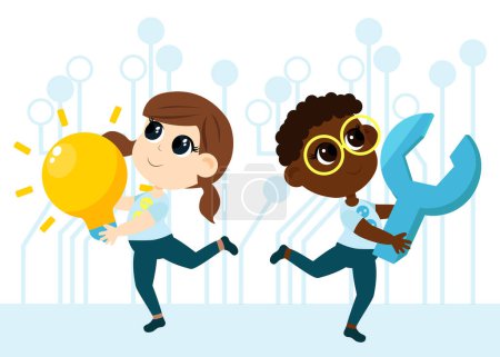 Illustration for Kid Inventors Day. Children, a boy and a girl, carry a huge light bulb and a wrench as a symbol of inventions and research, inventing something new. Cartoon style illustration. - Royalty Free Image