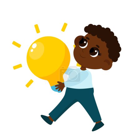 Illustration for Kid Inventors Day. Boy carries a huge yellow light bulb as a symbol of invention and research, inventing something new. Cartoon character isolated on white background. - Royalty Free Image
