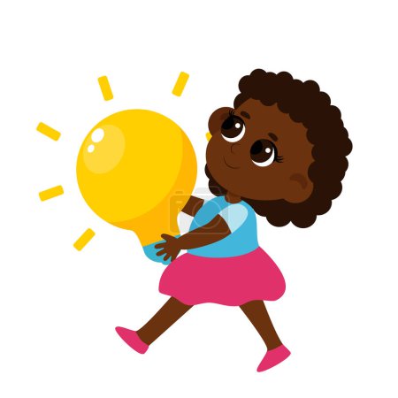 Illustration for A cute little girl is holding a big light bulb in her hands as a symbol of an idea. Cartoon illustration isolated on white background. - Royalty Free Image