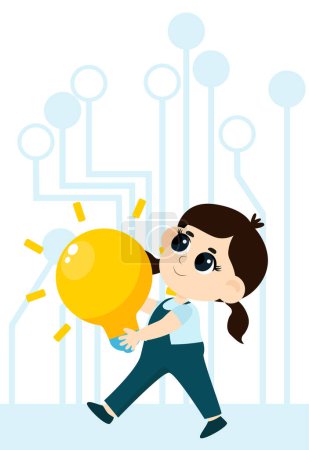 Illustration for Kid Inventors Day. A girl with a large light bulb on the background of electrical circuits. Cartoon illustration isolated on white background. - Royalty Free Image