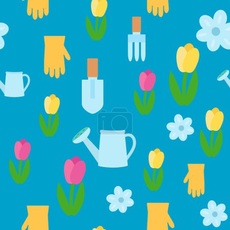 Téléchargez les photos : Modèle sans couture fleurs de printemps tulipes, arrosoir, spatule, râteau et gant. Ornement pour les textiles, l'emballage, la conception de fond en style dessin animé - en image libre de droit