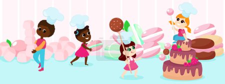 Illustration for Group of international children near huge cake sweets, macaroons and marshmallows, candy pop. Humorous illustration of children's love for sweets. - Royalty Free Image
