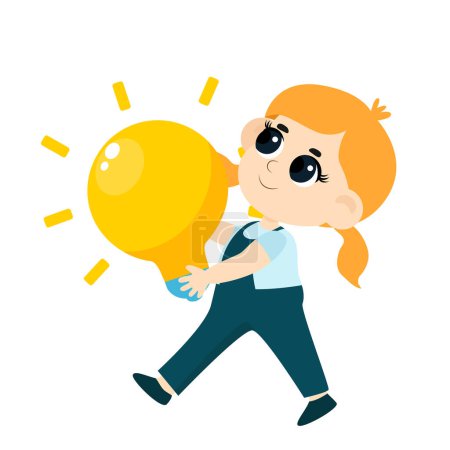Illustration for Kid Inventors Day. A cute red-haired girl with ponytails holds a large light bulb in her hands as a symbol of an idea. Cartoon illustration isolated on white background. - Royalty Free Image