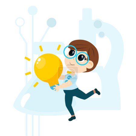 Illustration for Kid Inventors Day. A boy in glasses with a large light bulb runs against the background of a test tube and a microscope. Cartoon illustration isolated on white background. - Royalty Free Image