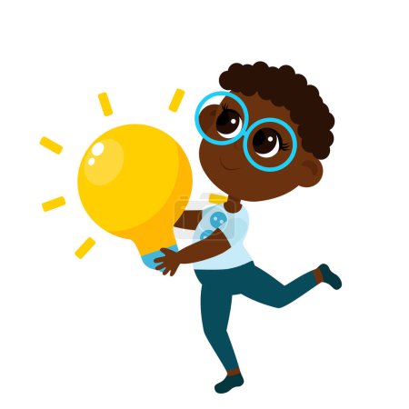 Illustration for Kid Inventors Day. The boy runs with a huge yellow light bulb in his hands as a symbol of inventions and research, inventing something new. Cartoon character isolated on white background. - Royalty Free Image