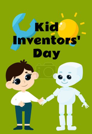 Téléchargez les illustrations : Journée des inventeurs. Un mignon garçon tient un charmant robot par la main. Illustration en style dessin animé isolé sur blanc. - en licence libre de droit