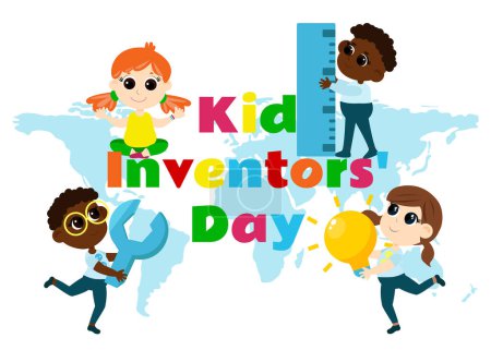 Illustration for Kid Inventors Day. Group of international kids boys and girls with different tools symbols of ideas and inventions. Illustration in cartoon style isolated on white. - Royalty Free Image