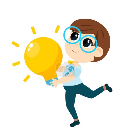 Illustration for Kid Inventors Day. A cute boy runs with a huge yellow light bulb in his hands as a symbol of invention and research, inventing something new. Cartoon character isolated on white background. - Royalty Free Image