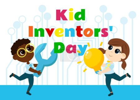 Illustration for Kid Inventors Day. Cute boy and girl with light bulb and wrench and text Children's Invention Day in cartoon childish style. - Royalty Free Image